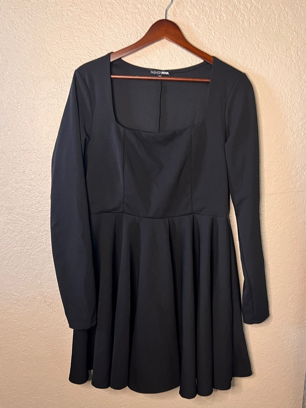 Fashion Nova Black Long Sleeve Square Neck Fit-and-Flare Dress